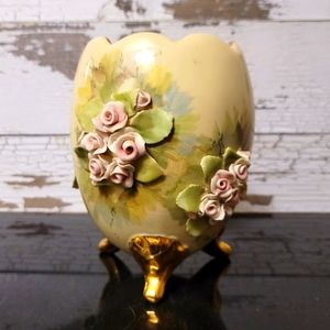 Egg Shape Handmade Footed Vase Signed Gold Trim Raised Flowers Vintage